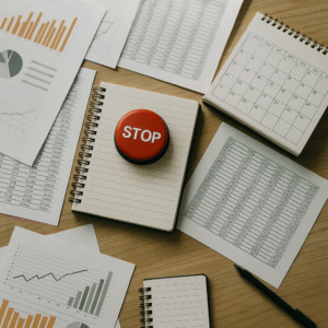 Czerwony przycisk STOP na biurku otoczony różnymi wykresami, tabelami i kalendarzem