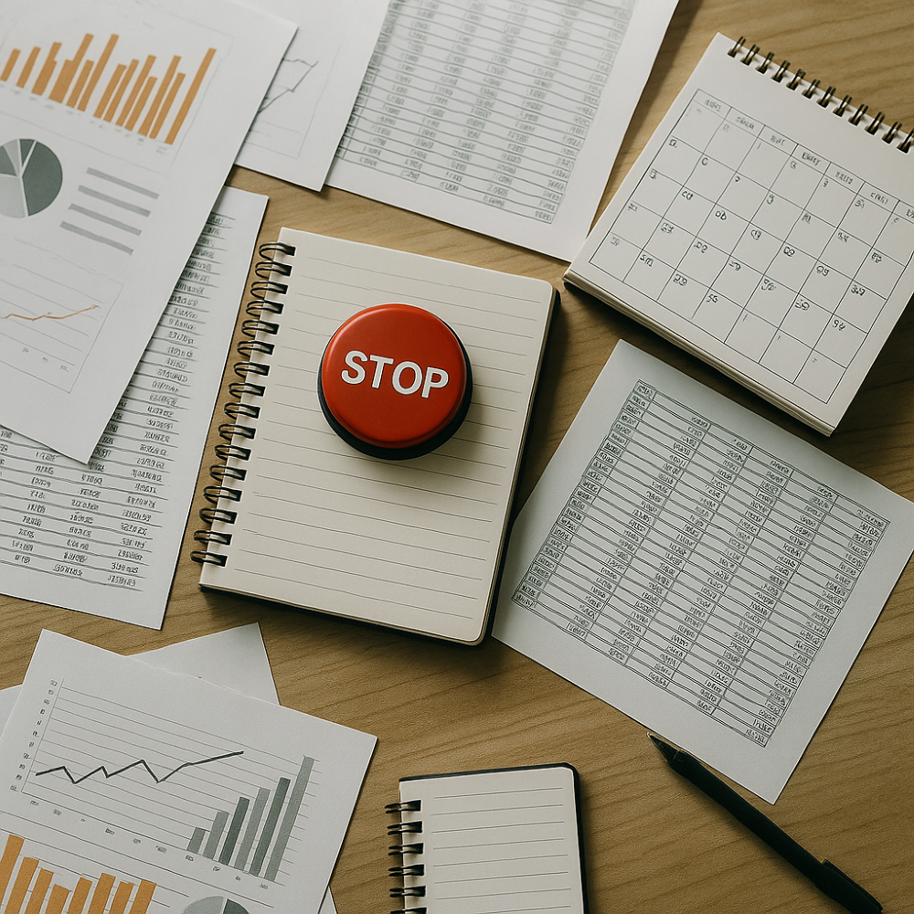 Czerwony przycisk STOP na biurku otoczony różnymi wykresami, tabelami i kalendarzem