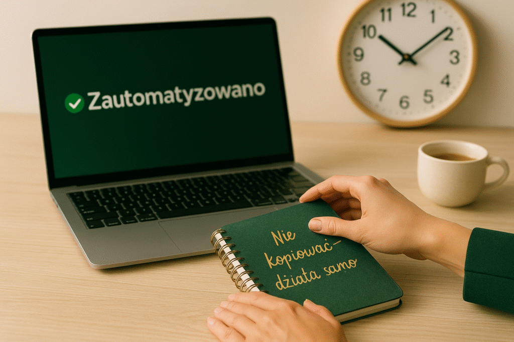 Napis na ekranie laptopa: ZAUTOMATYZOWANO. W tle zegar z wczesną godziną.