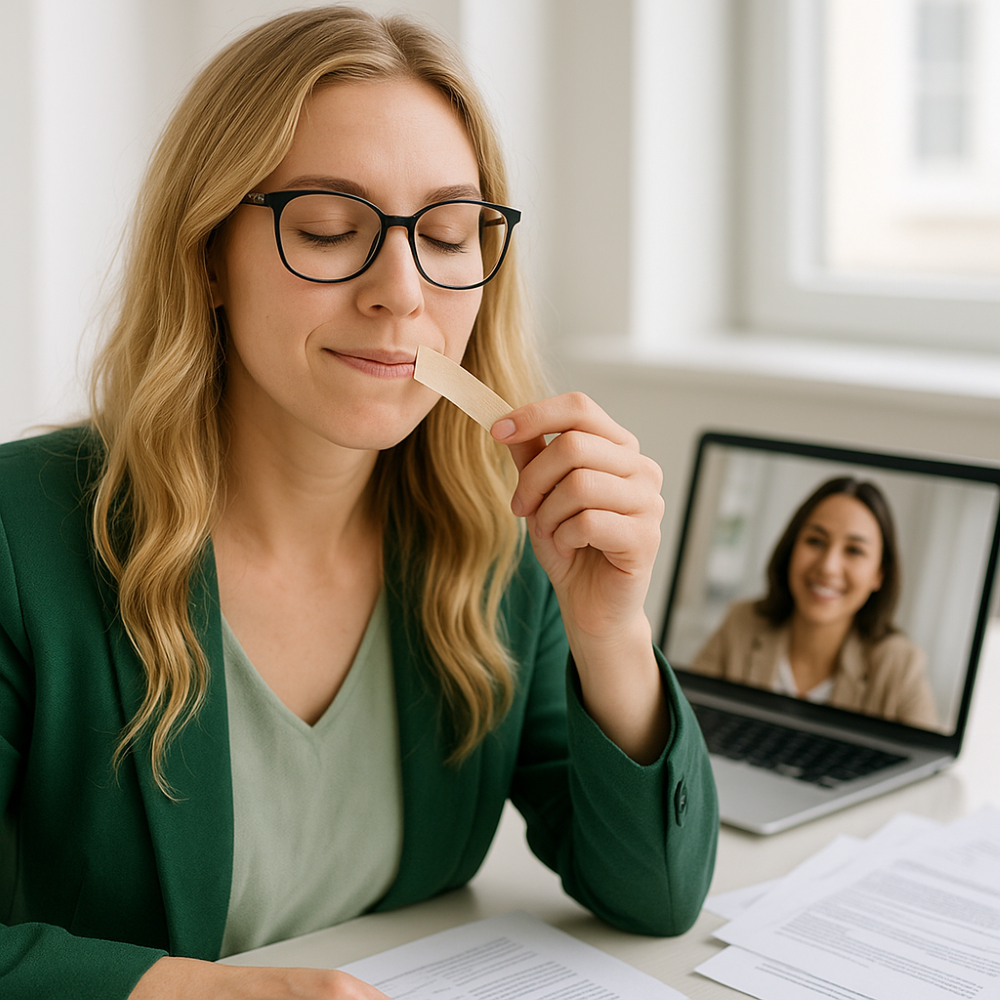 Wirtualna asystentka na wideo rozmowie z uśmiechem odklejająca taśmę z ust.