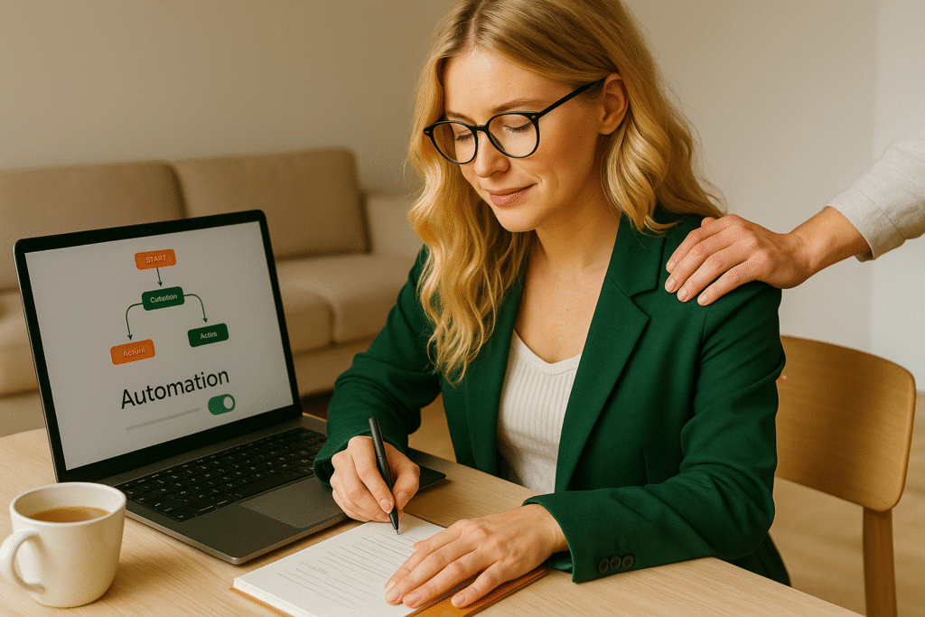 Dłoń na ramieniu wirtualnej asystentki a na ekranie komputera napis: AUTOMATION.