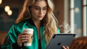 Wirtualna asystentka trzymająca jedną ręką tablet a drugą kawę.