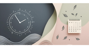 po lewej stronie zegar na ciemno-szarym tle a po prawej kalendarz na zielono-różowym tle.