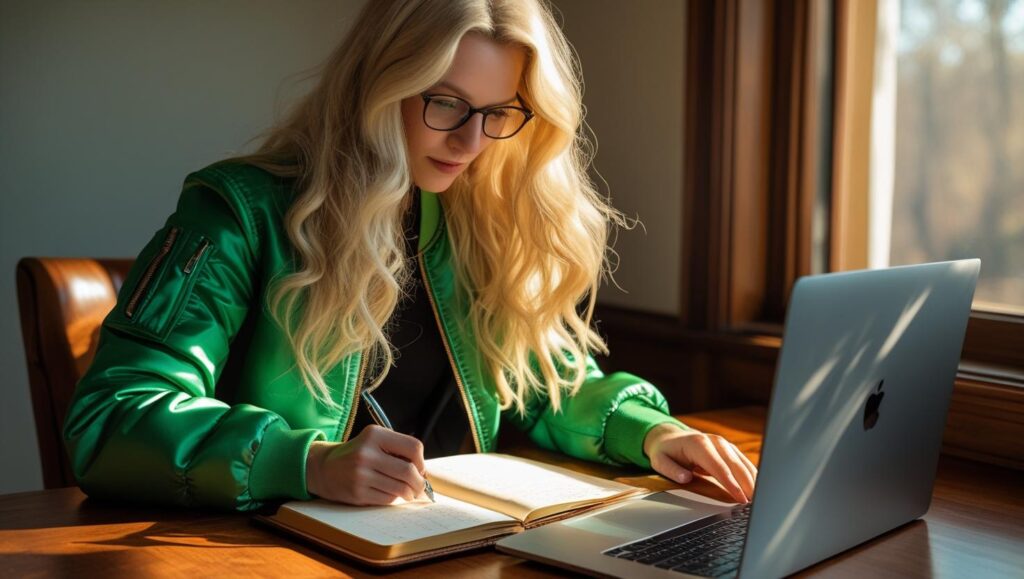 Wirtualna asystentka notująca coś w notesie przed laptopem.