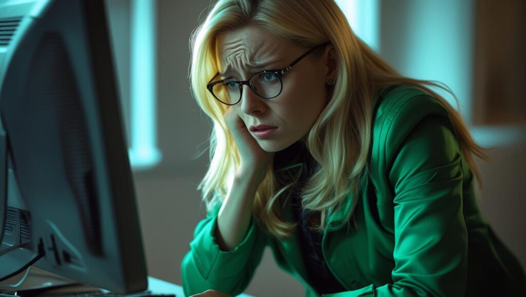 Zmartwiona wirtualna asystentka przed komputerem.