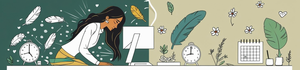 ilustracja podzielona na pół. z jednej strony chaos, pracująca i zmartwiona kobieta na zielonym tle a z prawej strony wszystko poukładane, spokojny klimat na beżowym tle.