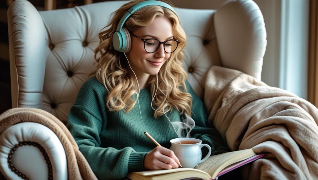 Wirtualna asystentka w słuchawkach na fotelu.