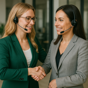 Wirtualna asystentka trzymająca dłoń innej wirtualnej asystentki.